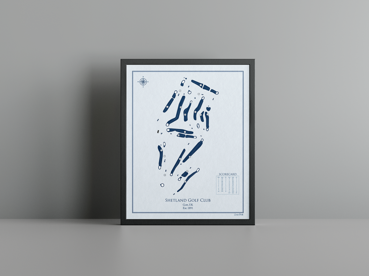 Shetland Golf Club golf course print, blue frame