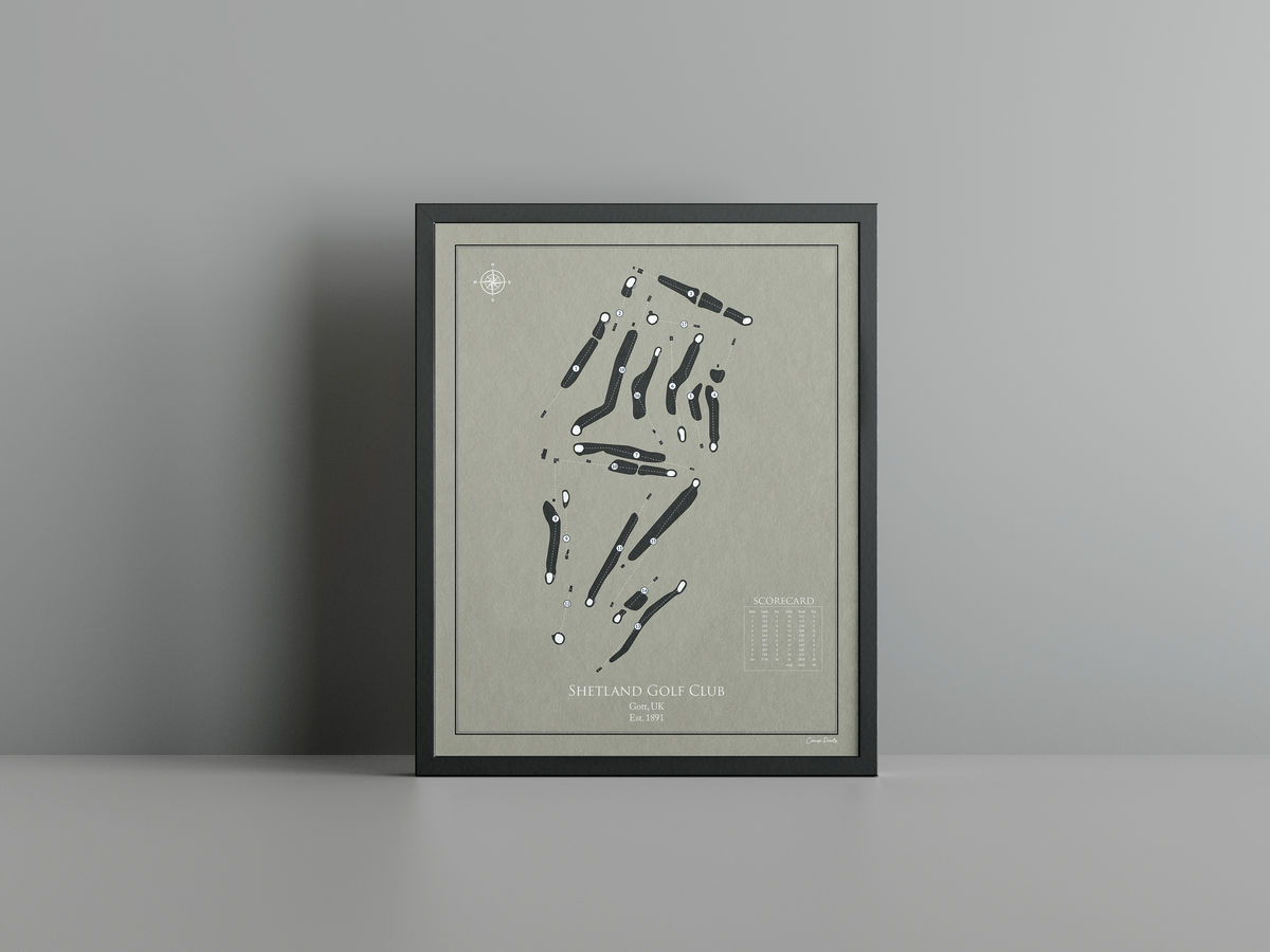 Shetland Golf Club golf course print, brown frame