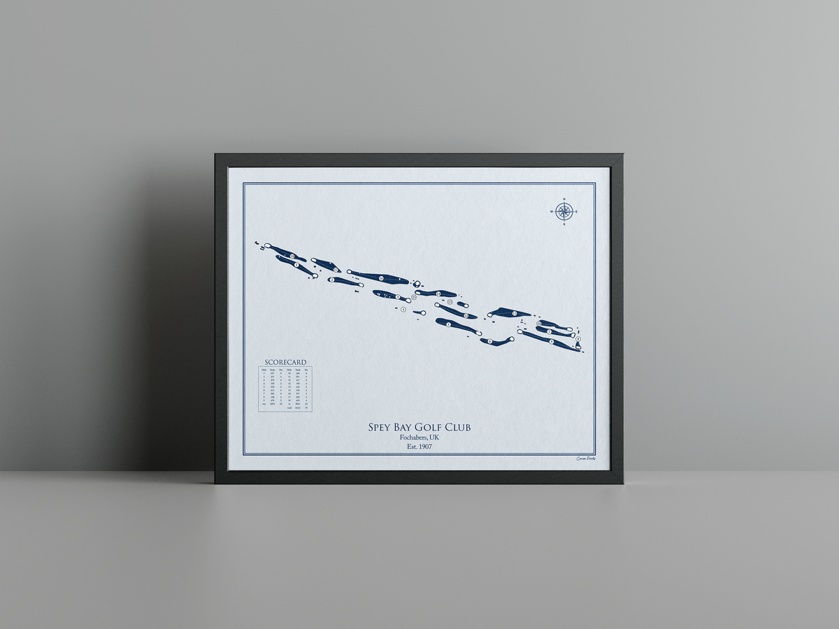 Spey Bay Golf Club golf course print, blue frame
