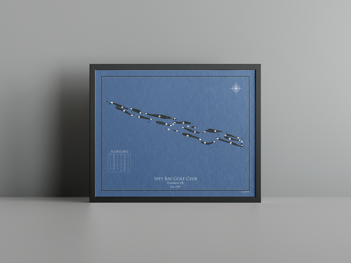 Spey Bay Golf Club golf course print, navy frame
