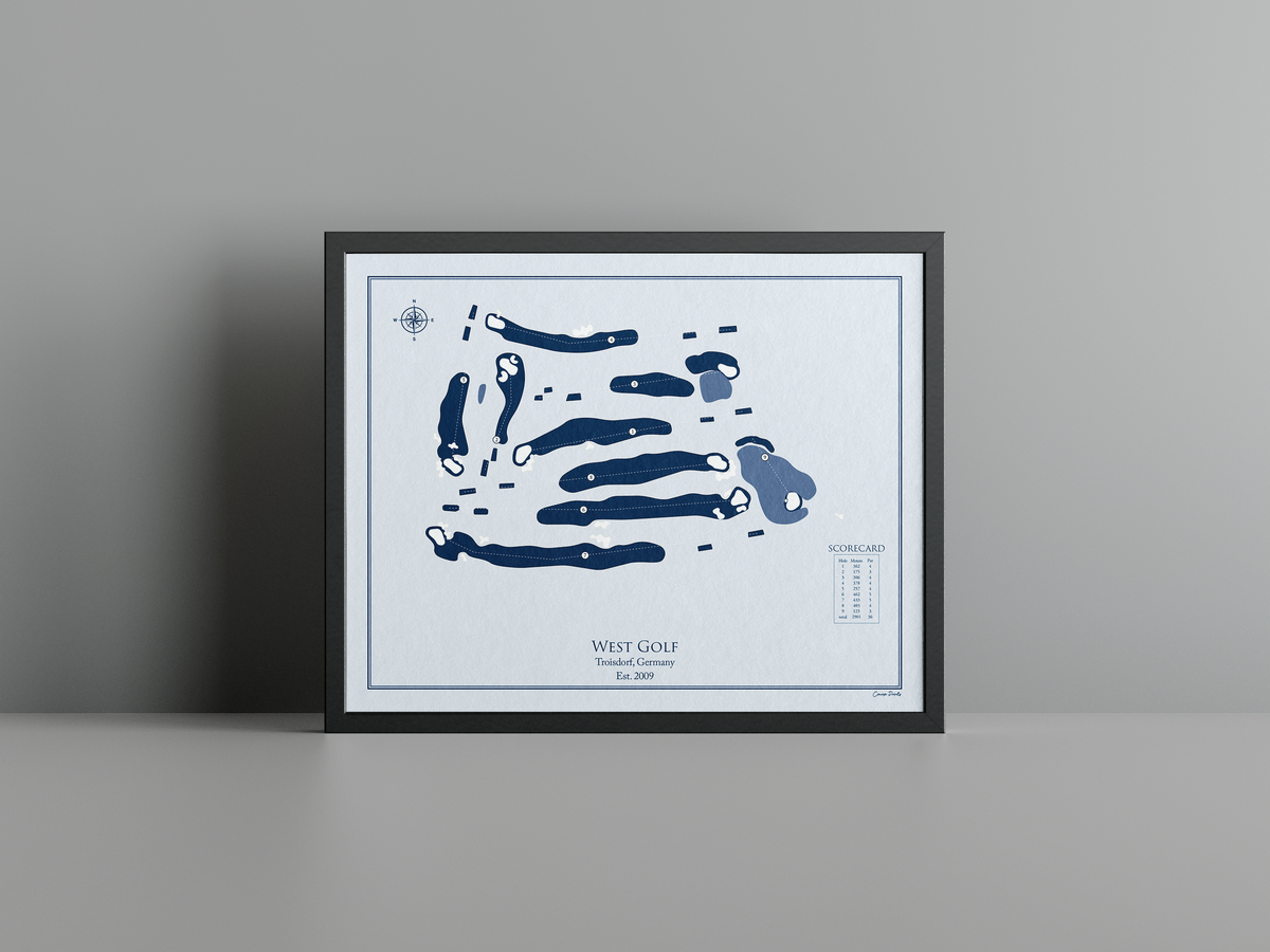 West Golf golf course print, blue frame