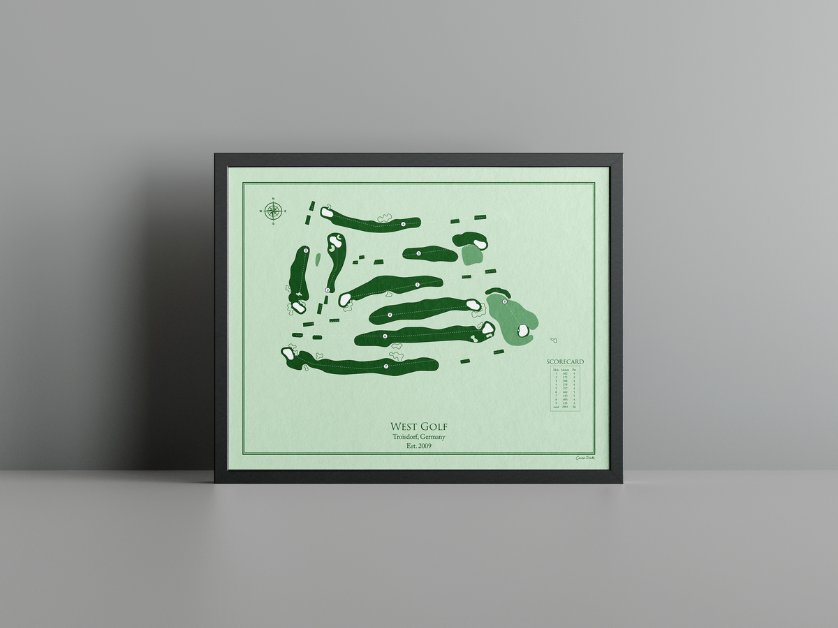 West Golf golf course print, green frame