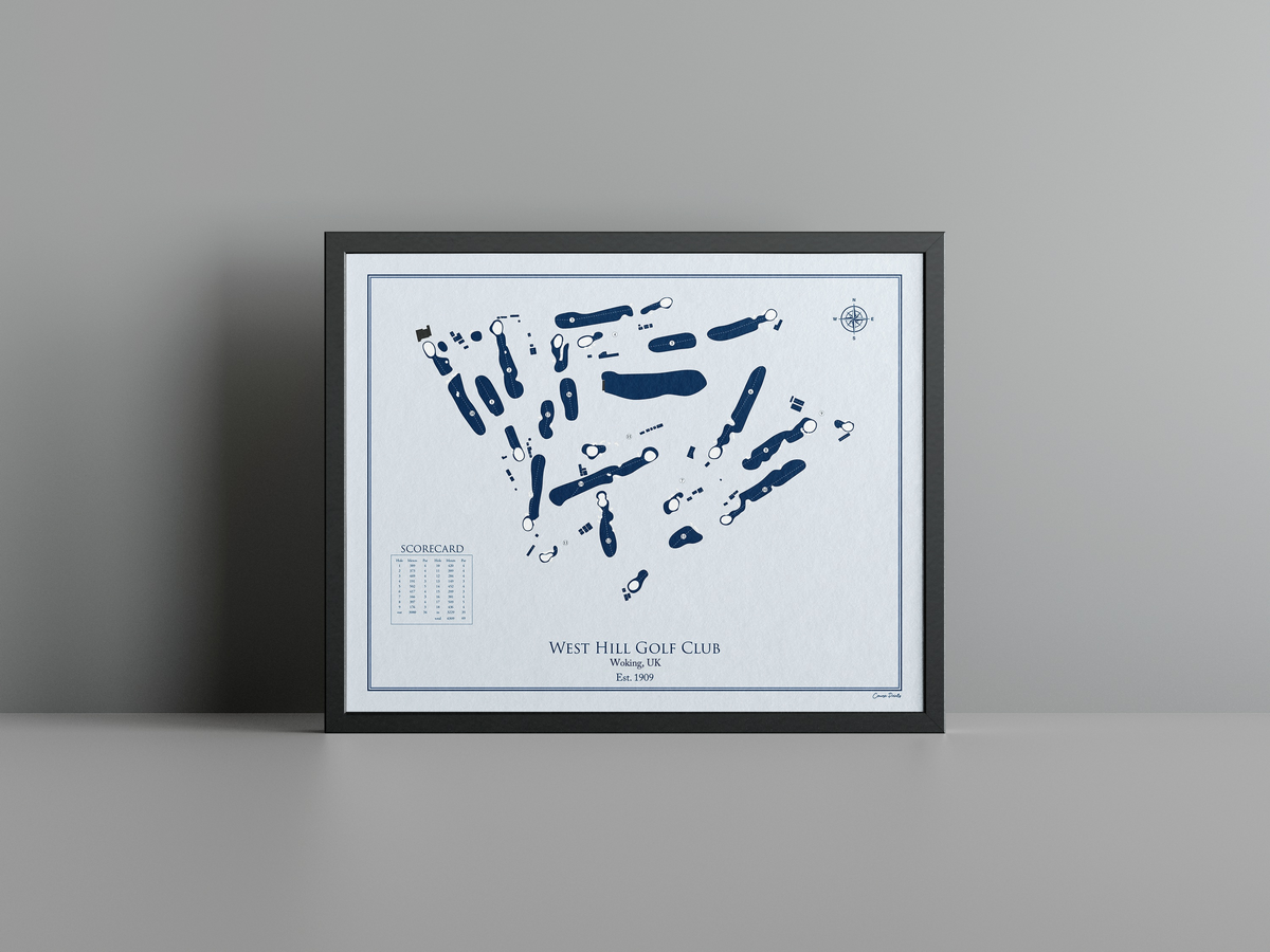 West Hill Golf Club golf course print, blue frame